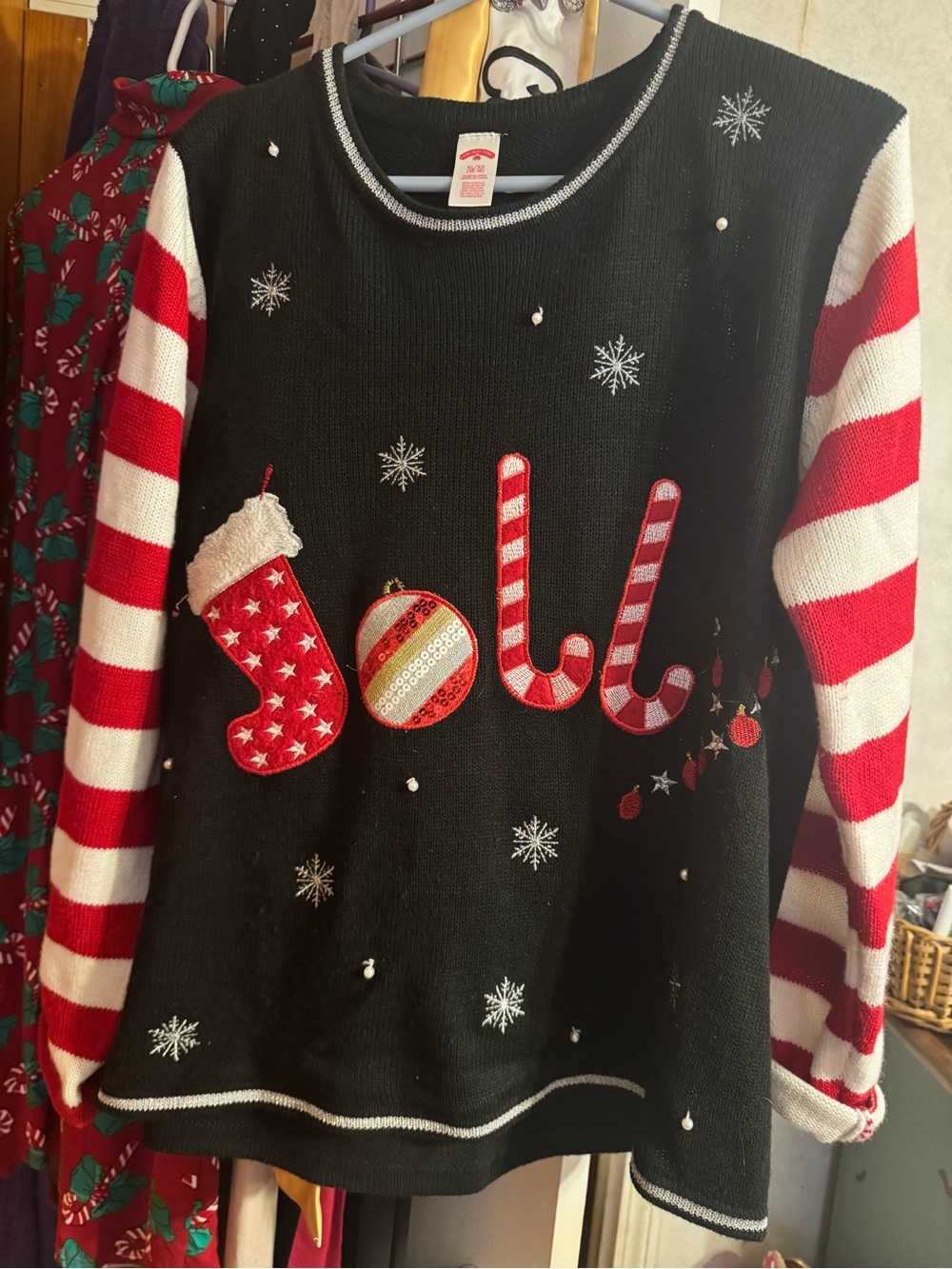 Women's Black Holiday 'Jolly' Sweater with Red & White Striped Sleeves